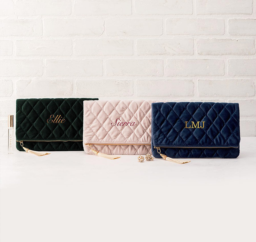 Personalized Fold Over Velvet Clutch - Blush Pink