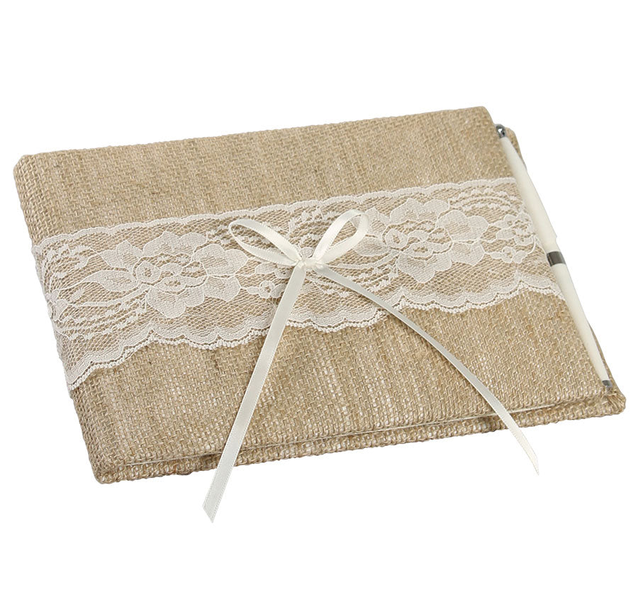 Burlap and Ivory Lace Guest Book & Pen