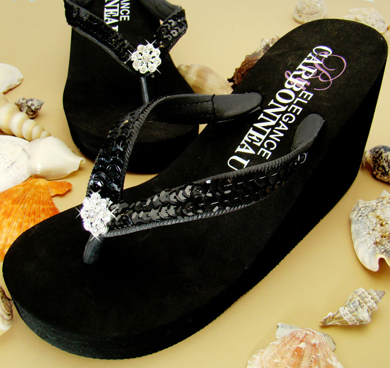 Sequins &amp; Crystals High Wedge Bridal Flip Flops - Black