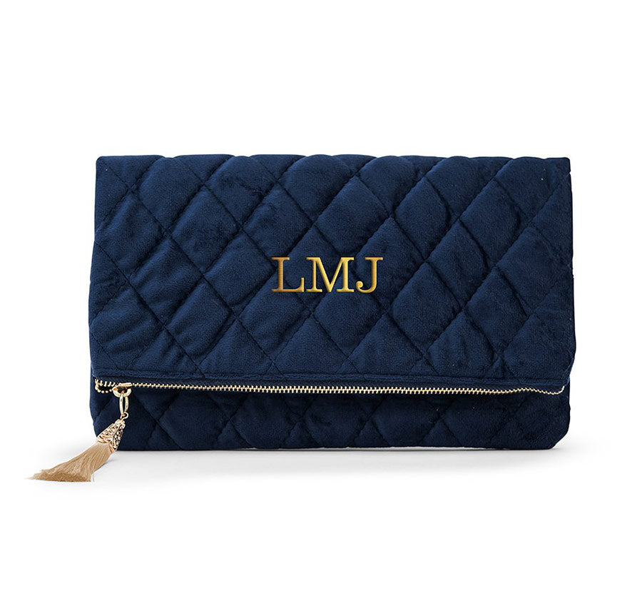 Personalized Fold Over Velvet Clutch - Navy