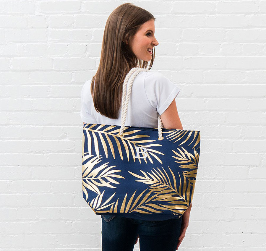 Personalized Bridesmaid Tote Bag - Navy Blue Palm Leaf
