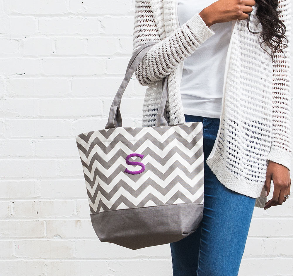 Chevron Canvas Bridesmaid Tote Bag - Gray