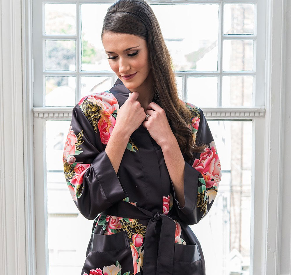 Black Floral Silky Bridesmaid Robe