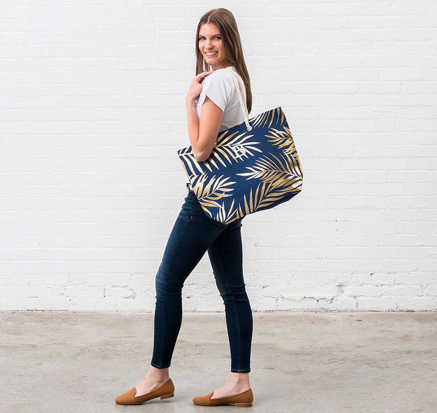 Personalized Bridesmaid Tote Bag - Navy Blue Palm Leaf