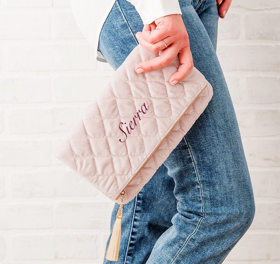 Personalized Fold Over Velvet Clutch - Blush Pink