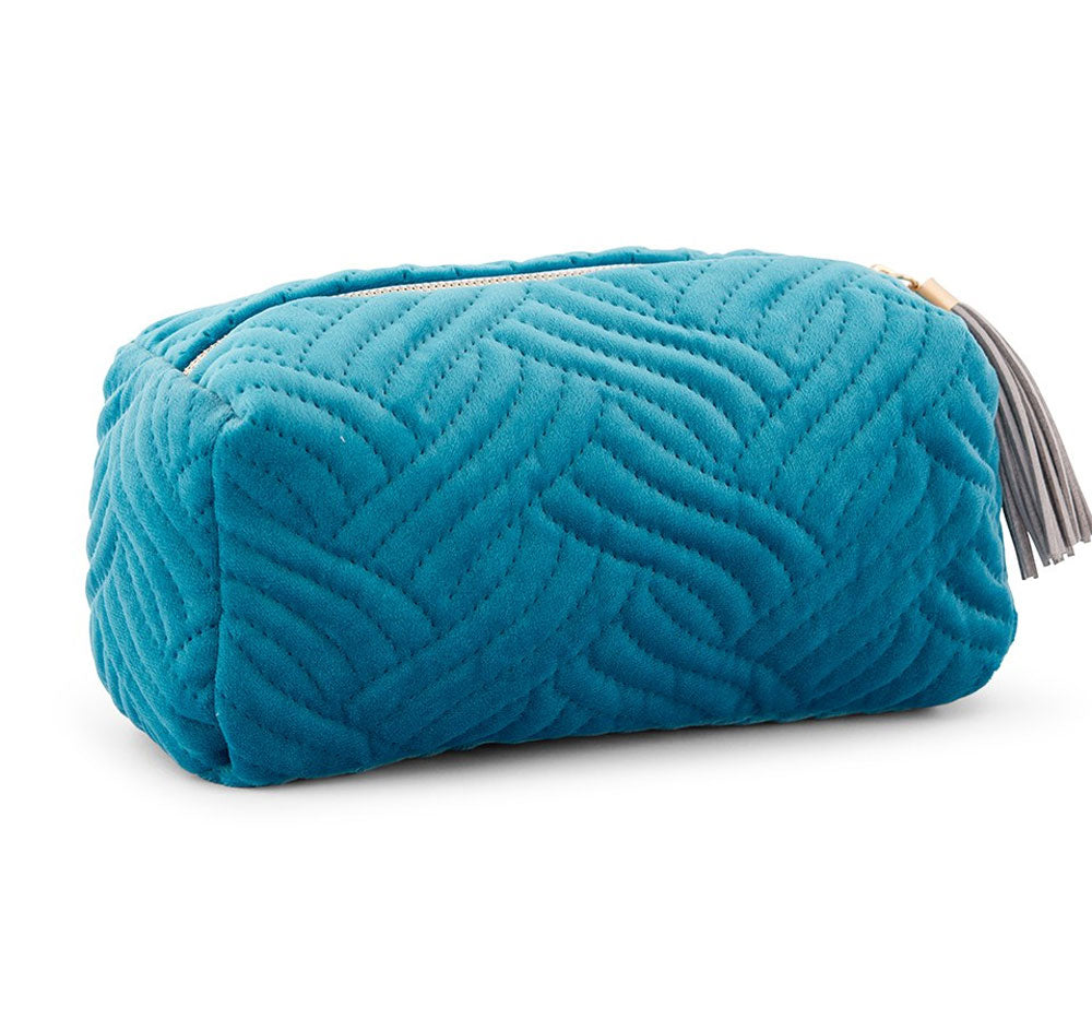 Quilted Velvet Travel Toiletry Bag - Oasis Blue