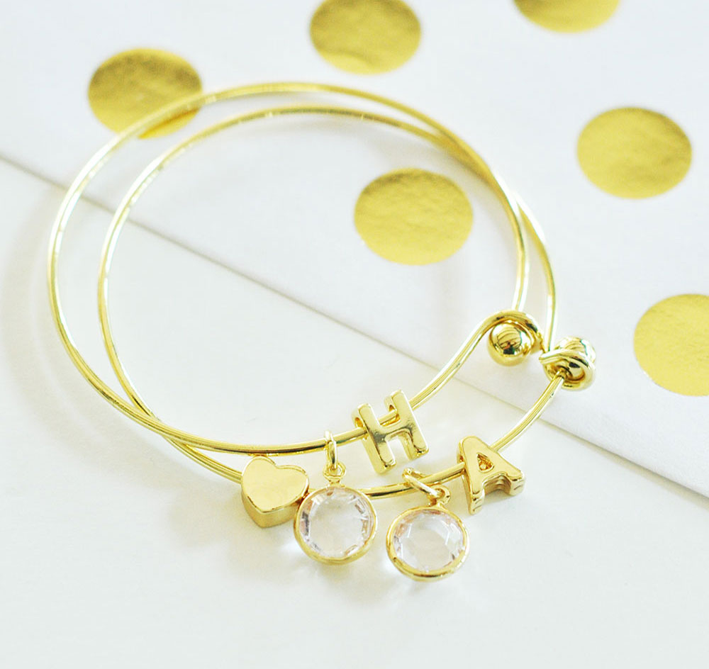 Gold Initial Bridesmaid Bracelet - Polka Dot Insert