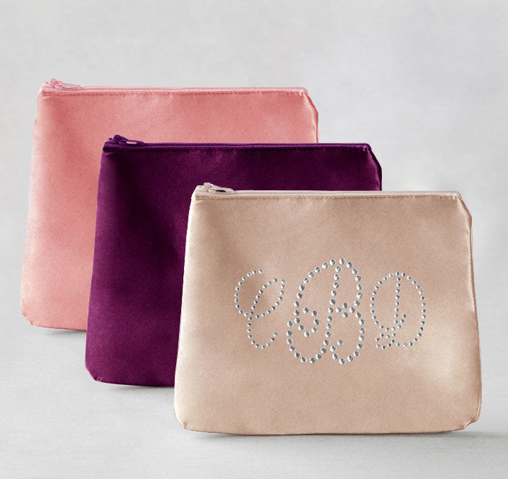 Rhinestone Monogram Satin Cosmetic Bag