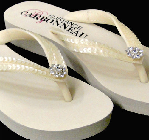 Sequins &amp; Crystals Low Wedge Bridal Flip Flops - Ivory