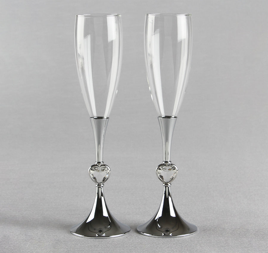 Silver Crystal Hearts Toasting Flutes