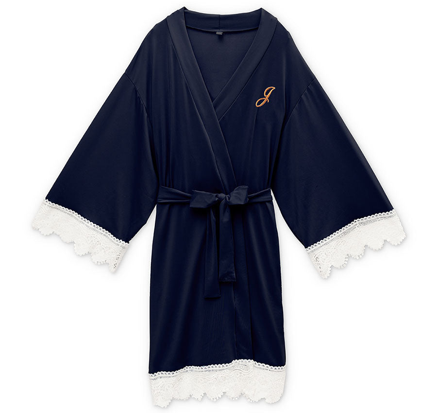 Navy Blue Jersey and Lace Bridesmaid Robe