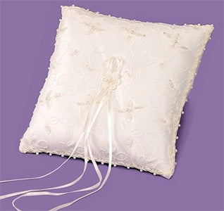 White Beaded Embroidered Wedding Ring Pillow